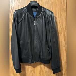 Cole Haan Black Leather Bomber Jacket with Silver Zipper